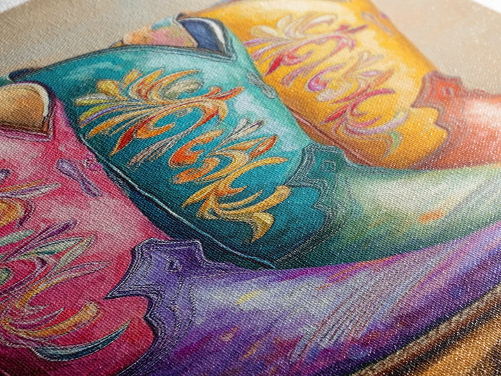 Bright Floral Western Boots Wall Art, Cowgirl Canvas Print For Boho Bedroom Living Room Ranch Home Decor Housewarming Gift