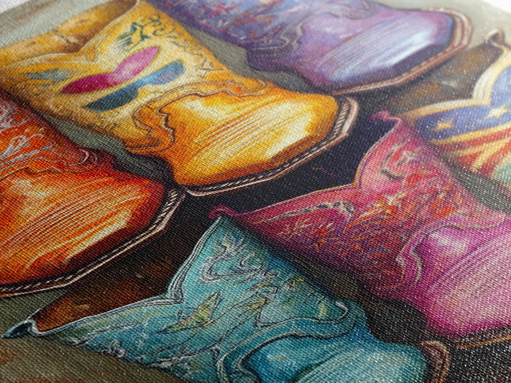 Whimsical Cowboy Boots With Heart And Star Wall Art, Western Cowgirl Canvas Print, Colorful Ranch Living Room Home Decor Gift