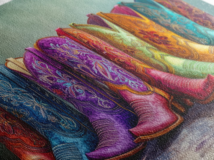 Bold Embroidered Cowboy Boots Canvas Print, Western Cowgirl Wall Art, Colorful Rustic Farmhouse Decor, Statement Living Room Art