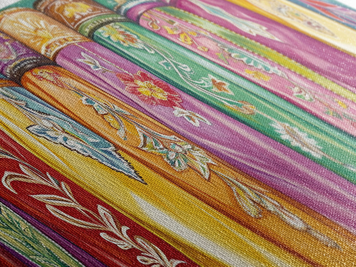 Vibrant Embroidered Textile Wall Art, Boho Western Scarf Canvas Print, Maximalist Decor, Cowgirl Home Decor For Living Room