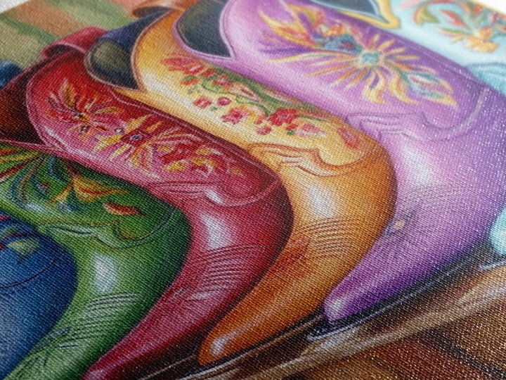 Bright Embroidered Cowboy Boots Wall Art, Western Cowgirl Canvas Print, Colorful Living Room Decor, Rustic Bedroom Wall Art