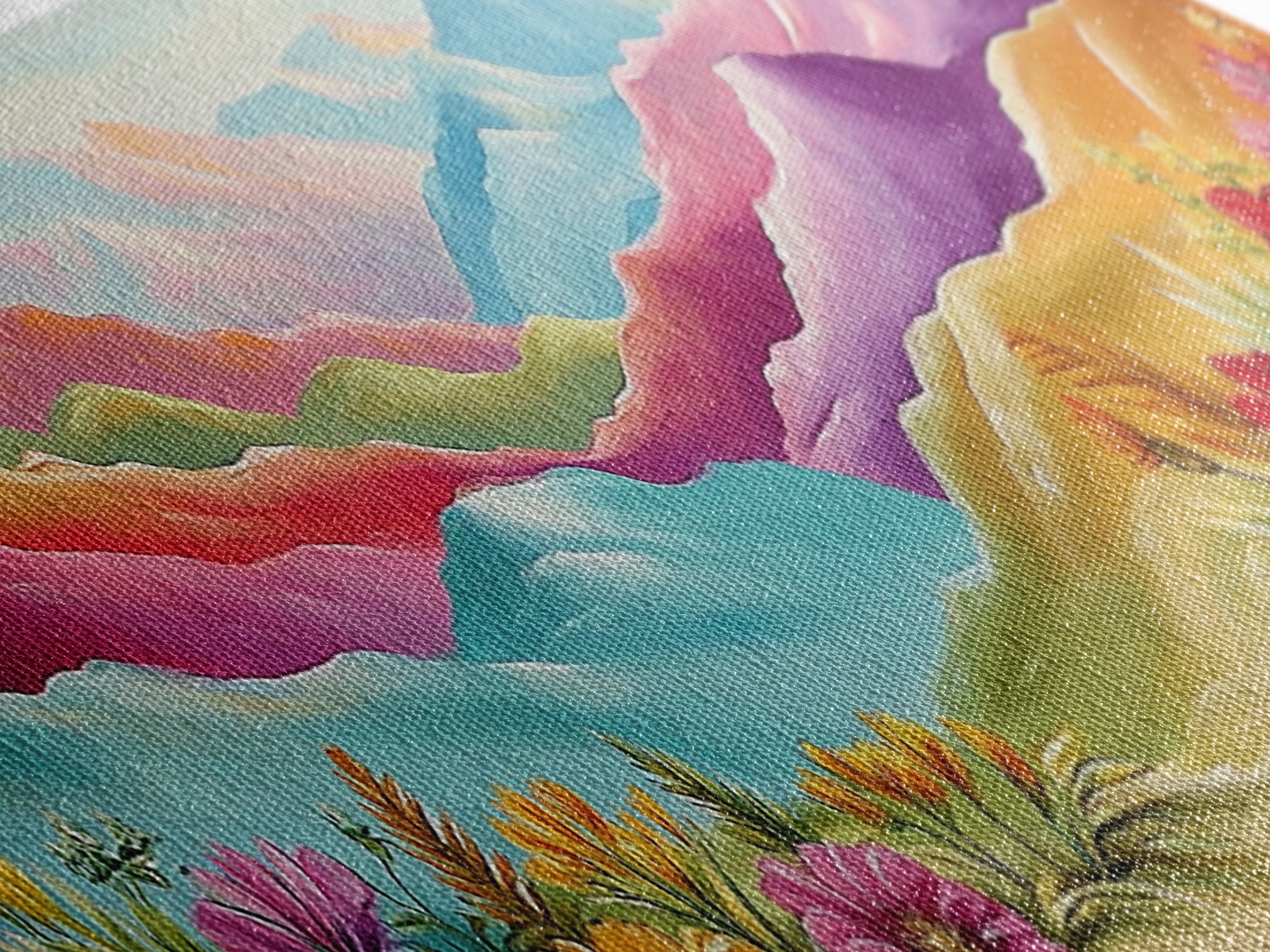 Vibrant Rainbow Mountains With Desert Flowers Wall Art, Abstract Landscape, Colorful Wall Art, Southwestern Decor, Large Canvas Print