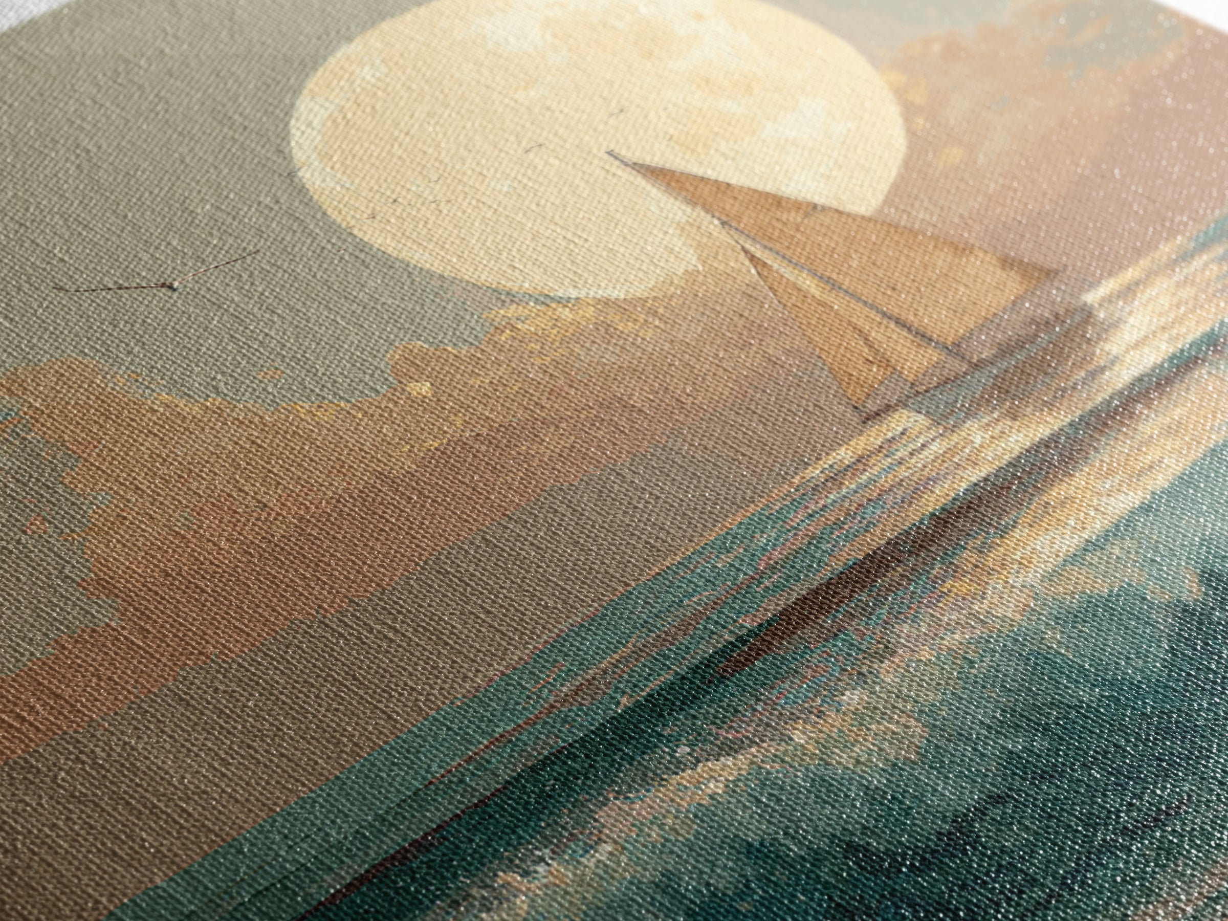 Quiet Moon over a Calm Ocean Horizon Framed Canvas Print, Above Bed Art, Living Room Decor, Bedroom Decor, Oil Painting, ABA-1x1-27