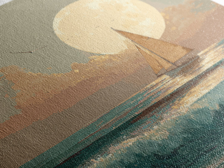 Quiet Moon over a Calm Ocean Horizon Framed Canvas Print, Above Bed Art, Living Room Decor, Bedroom Decor, Oil Painting, ABA-1x1-27