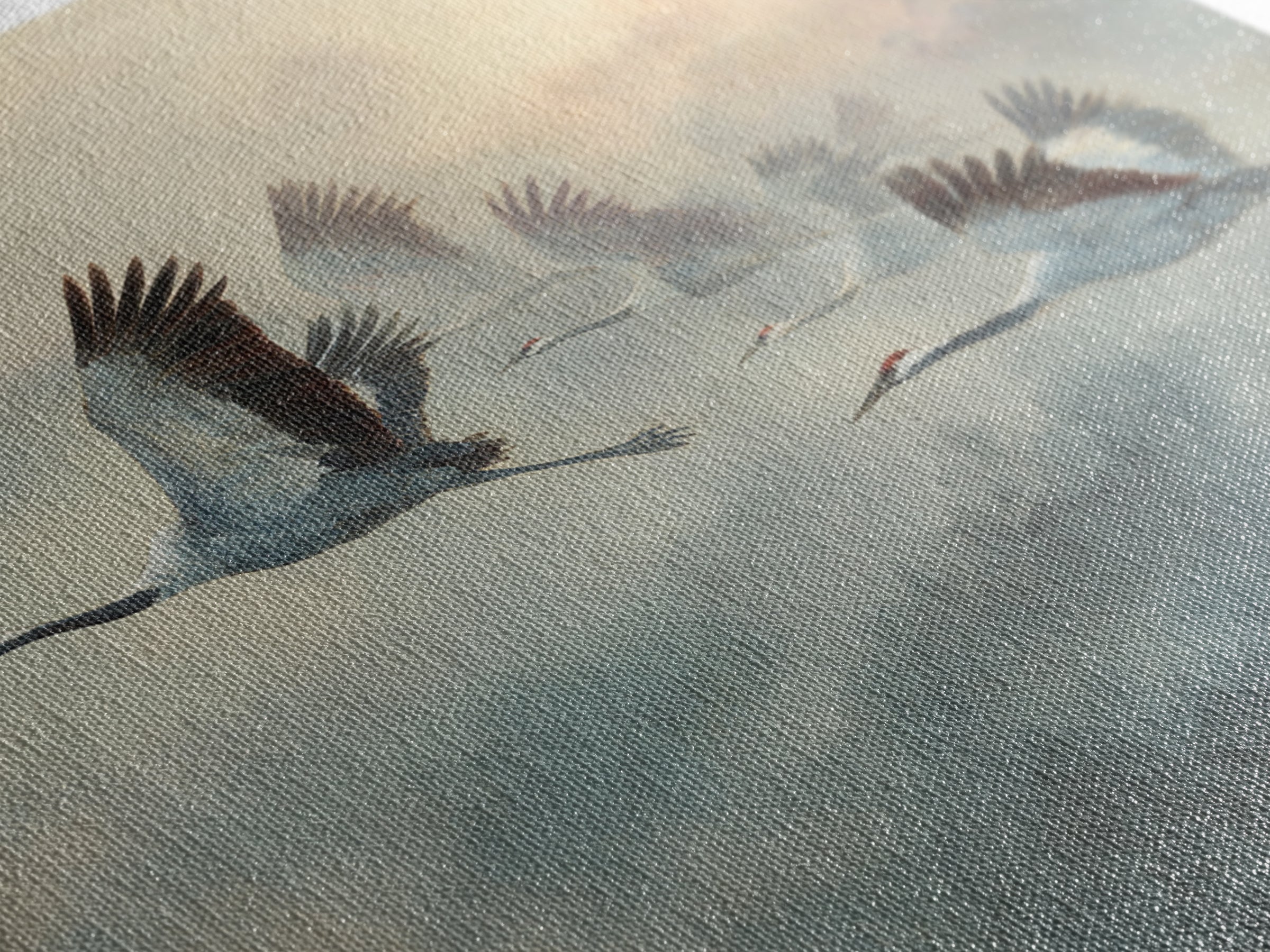 Ethereal Cranes Flying Through Pale Morning Mist Canvas Print, Above Bed Art, Fine Art Print, Bedroom Decor, Serenity, ABA-1x1-33