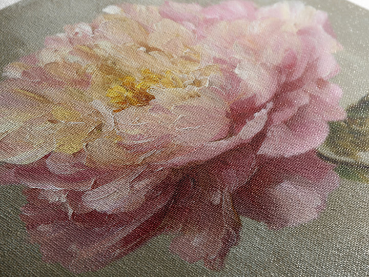 Romantic Oversized Peony Bloom on Warm Linen Canvas Print, Above Bed Art, Western Decor, Bedroom Decor, Abstract Art, Serenity, ABA-1x1-50