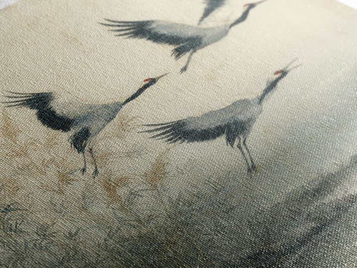 Ethereal Cranes Flying Through Pale Morning Mist Canvas Print, Above Bed Art, Fine Art Print, Bedroom Decor, Serenity, ABA-1x1-57