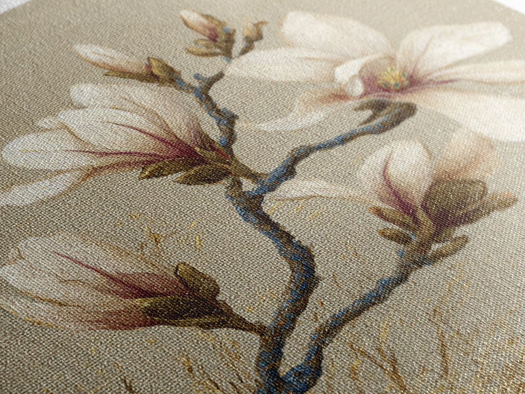 Delicate Magnolia Branch on Cream Background Framed Canvas Print, Above Bed Art, Boho Wall Art, Bedroom Decor, Watercolor Art, ABA-1x1-64
