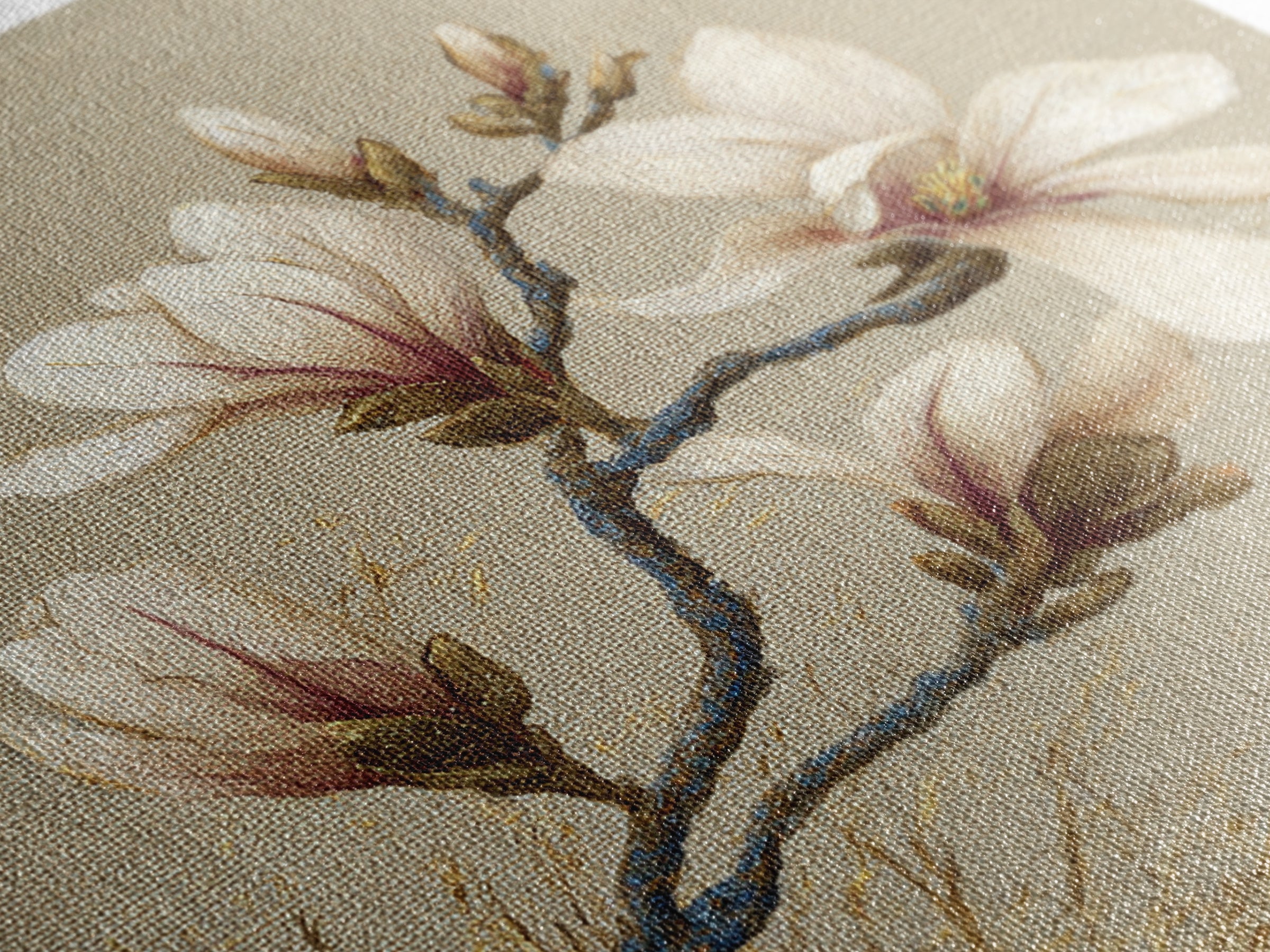Delicate Magnolia Branch on Cream Background Framed Canvas Print, Above Bed Art, Boho Wall Art, Bedroom Decor, Watercolor Art, ABA-1x1-64