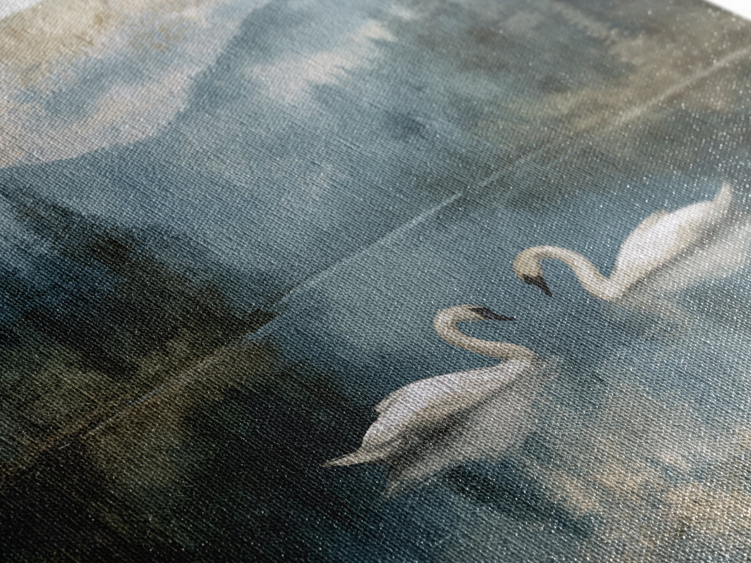 Paired Swans in a Dreamy Painterly Lake Framed Canvas Print, Above Bed Art, Boho Decor, Bedroom Decor, Oil Painting, Serenity, ABA-1x1-70
