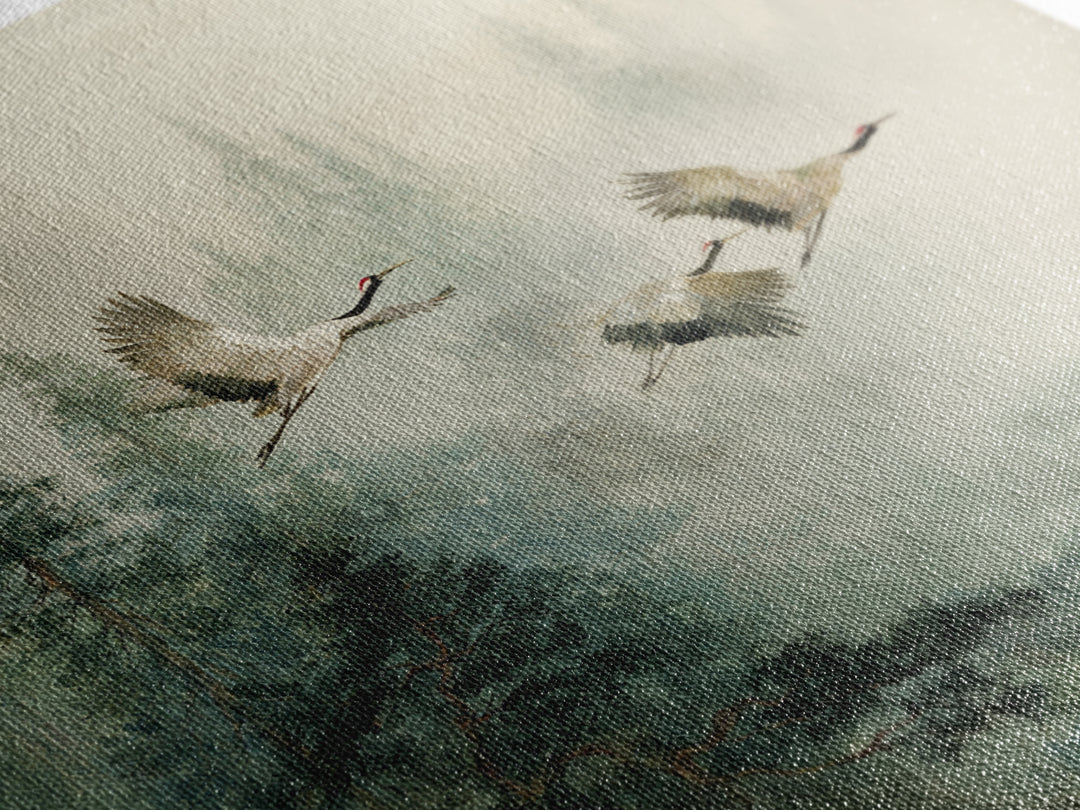 Ethereal Cranes Flying Through Pale Morning Mist Canvas Print, Above Bed Art, Textured Painting, Bedroom Decor, Serenity, ABA-1x1-81