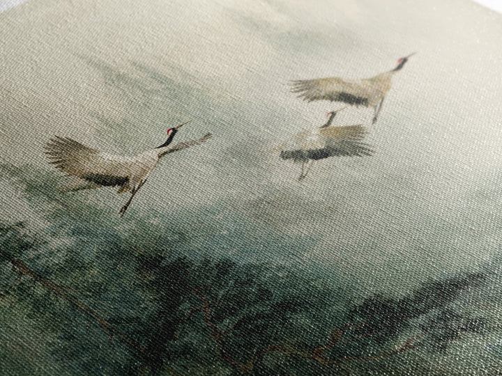 Ethereal Cranes Flying Through Pale Morning Mist Canvas Print, Above Bed Art, Textured Painting, Bedroom Decor, Serenity, ABA-1x1-81