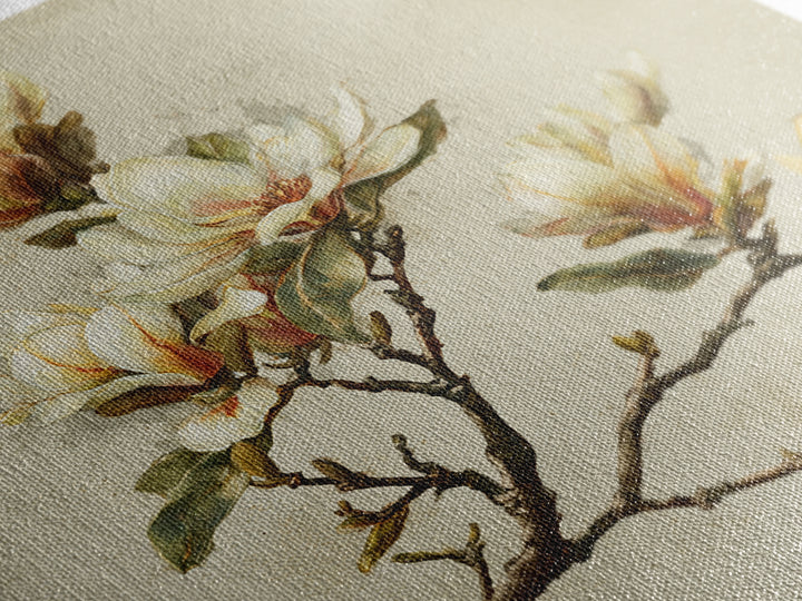 Delicate Magnolia Branch on Cream Background Canvas Print, Above Bed Art, Textured Painting, Bedroom Decor, Serenity, ABA-1x1-88