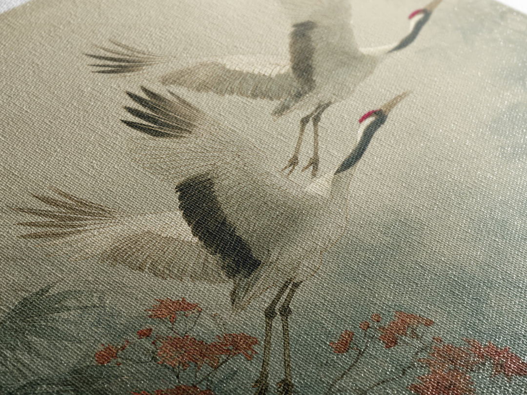 Ethereal Cranes Flying Through Pale Morning Mist Canvas Print, Above Bed Art, Bedroom Wall Decor, Bedroom Decor, Serenity, ABA-1x1-9