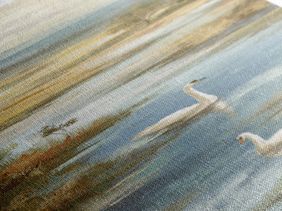 Paired Swans in a Dreamy Painterly Lake Canvas Print, Above Bed Art, Dopamine Decor, Bedroom Decor, Fine Art, Serenity, ABA-1x3-10