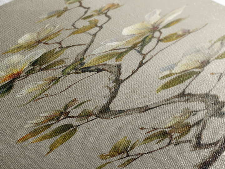 Delicate Magnolia Branch on Cream Background Canvas Print, Above Bed Art, Horizontal Wall Art, Bedroom Decor, Oil Painting, ABA-1x3-100