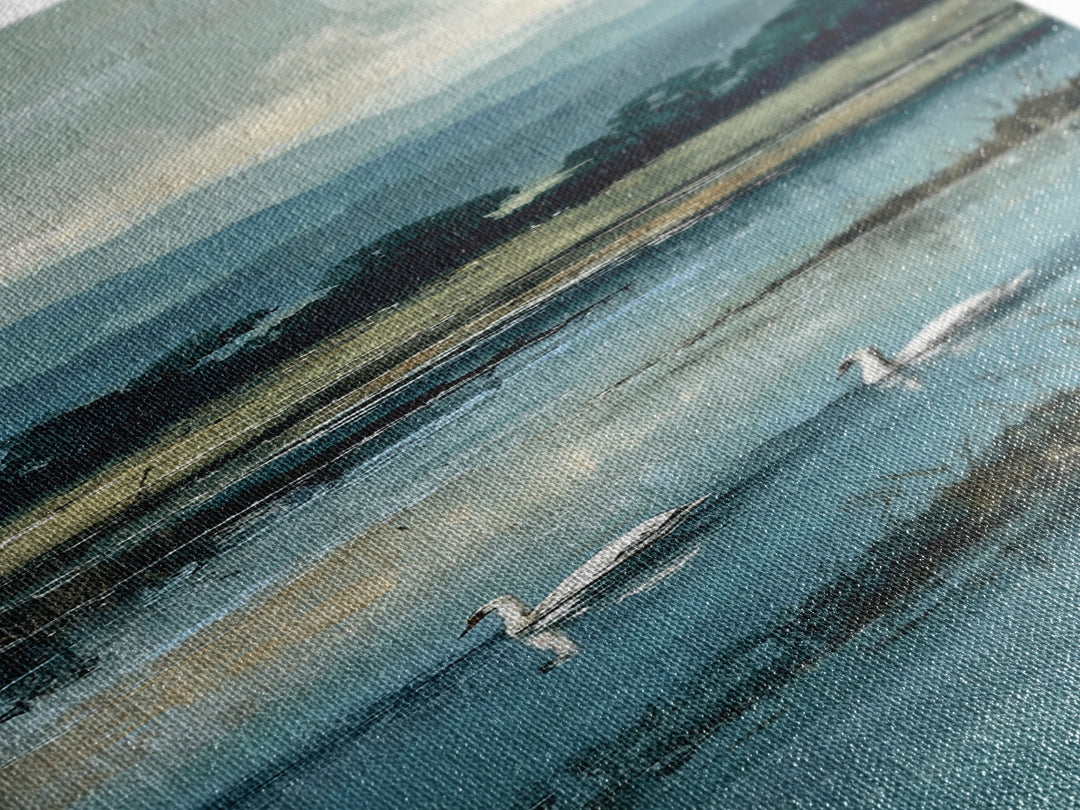 Paired Swans in a Dreamy Painterly Lake Canvas Print, Above Bed Art, Living Room Wall Art, Bedroom Decor, Serenity, Wall Decor, ABA-1x3-58