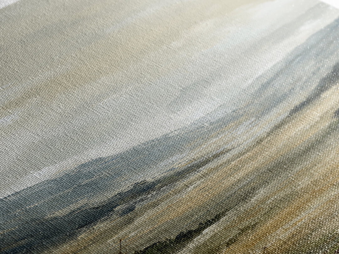 Panoramic Misty Mountain Landscape Framed Canvas Print, Above Bed Art, Textured Painting, Bedroom Decor, Fine Art, Serenity, ABA-1x3-61