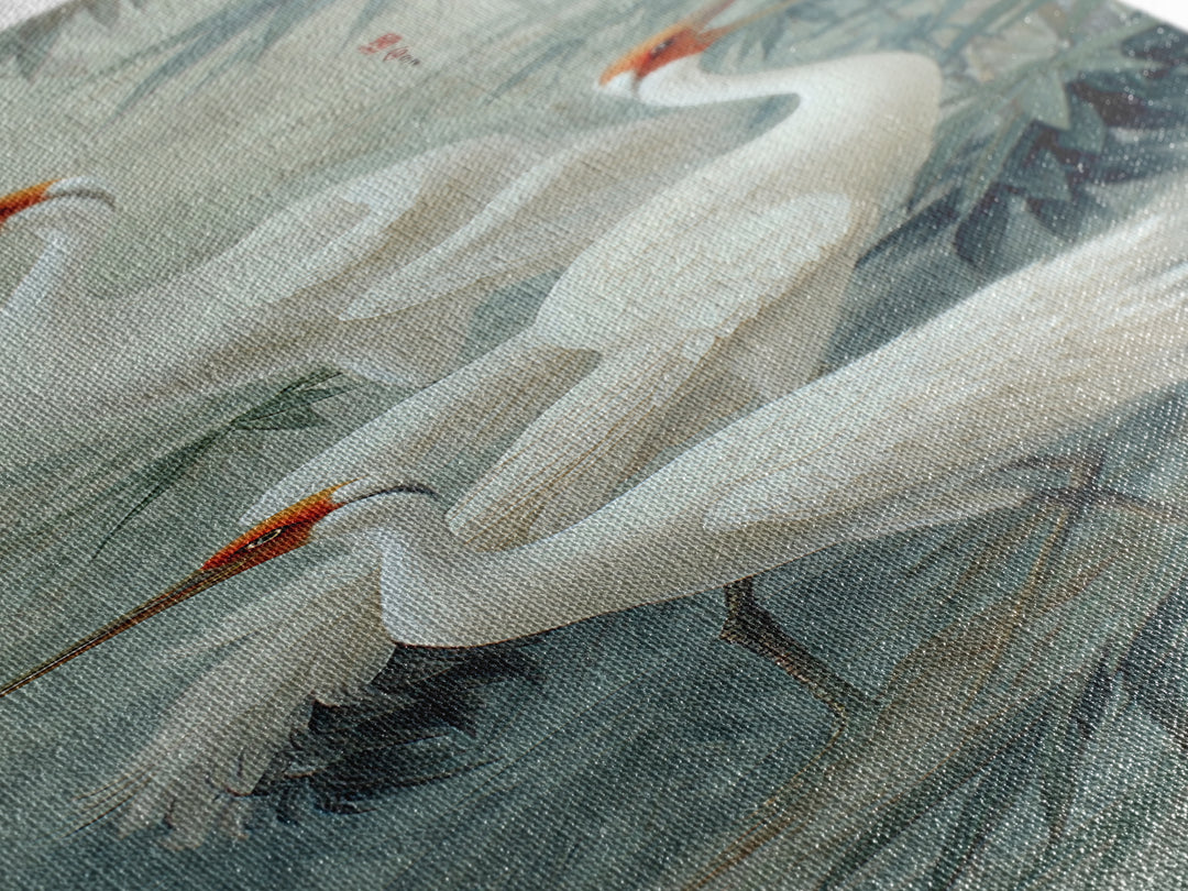 Ethereal Cranes Flying Through Pale Morning Mist Canvas Print, Above Bed Art, Minimalist Decor, Bedroom Decor, Serenity, ABA-1x3-93