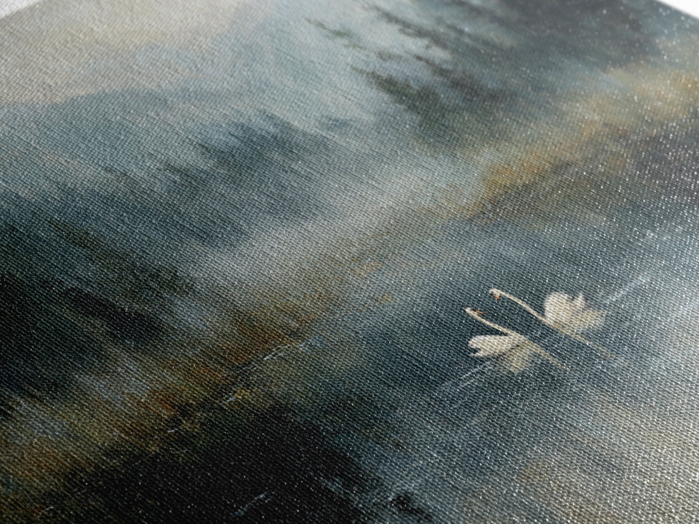 Paired Swans in a Dreamy Painterly Lake Framed Canvas Print, Above Bed Art, Fine Art Print, Bedroom Decor, Fine Art, Serenity, ABA-2x1-18