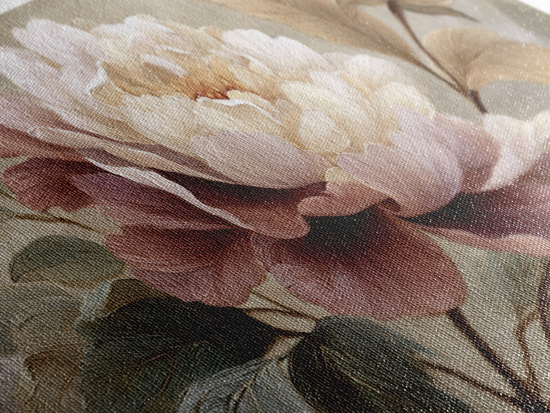 Romantic Oversized Peony Bloom on Warm Linen Canvas Print, Above Bed Art, Statement Artwork, Bedroom Decor, Abstract Art, ABA-2x1-22