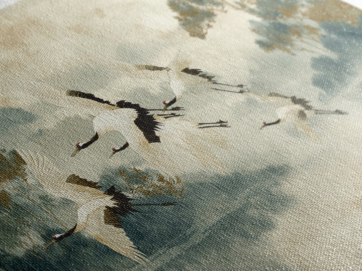 Ethereal Cranes Flying Through Pale Morning Mist Canvas Print, Above Bed Art, Digital Prints, Bedroom Decor, Serenity, ABA-2x1-29