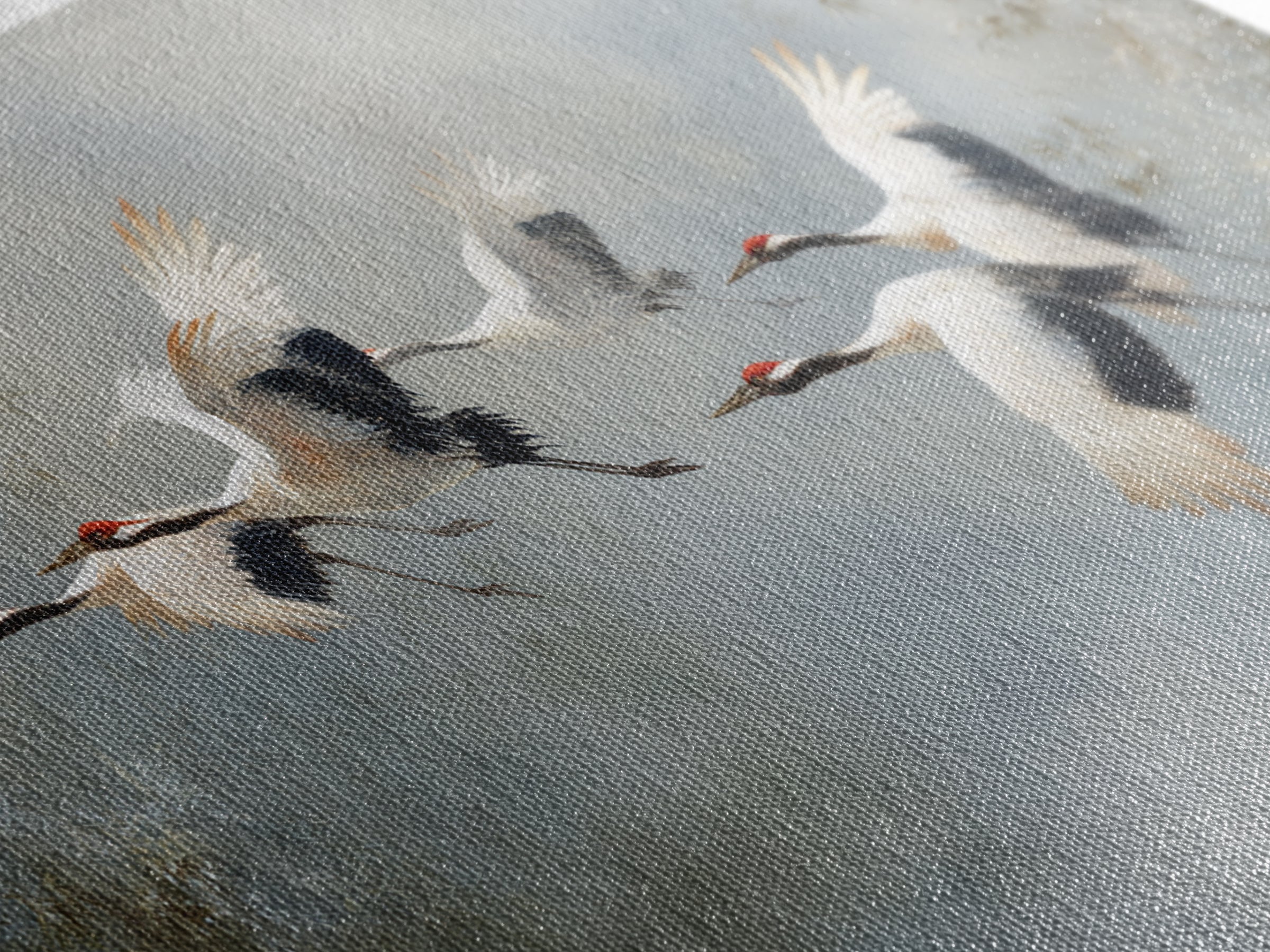 Ethereal Cranes Flying Through Pale Morning Mist Canvas Print, Above Bed Art, Digital Prints, Bedroom Decor, Serenity, ABA-2x1-5