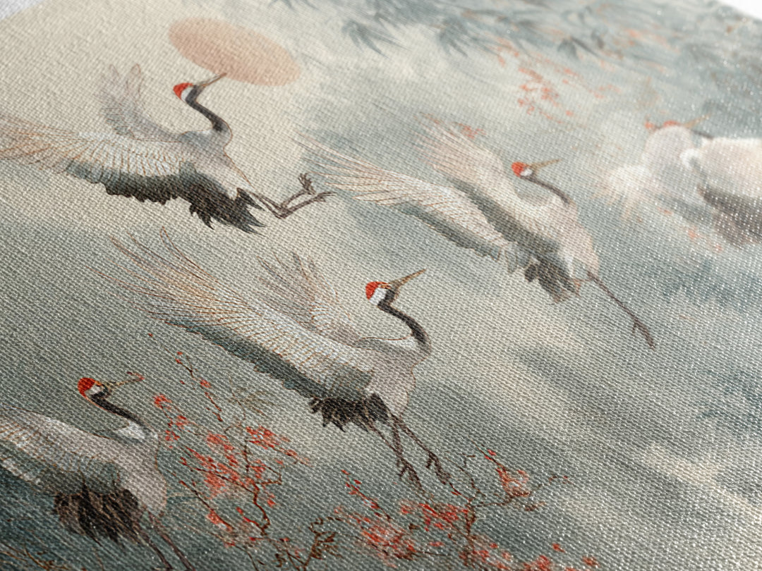 Ethereal Cranes Flying Through Pale Morning Mist Canvas Print, Above Bed Art, Bedroom Decor, Oil Painting, Serenity, ABA-2x1-53