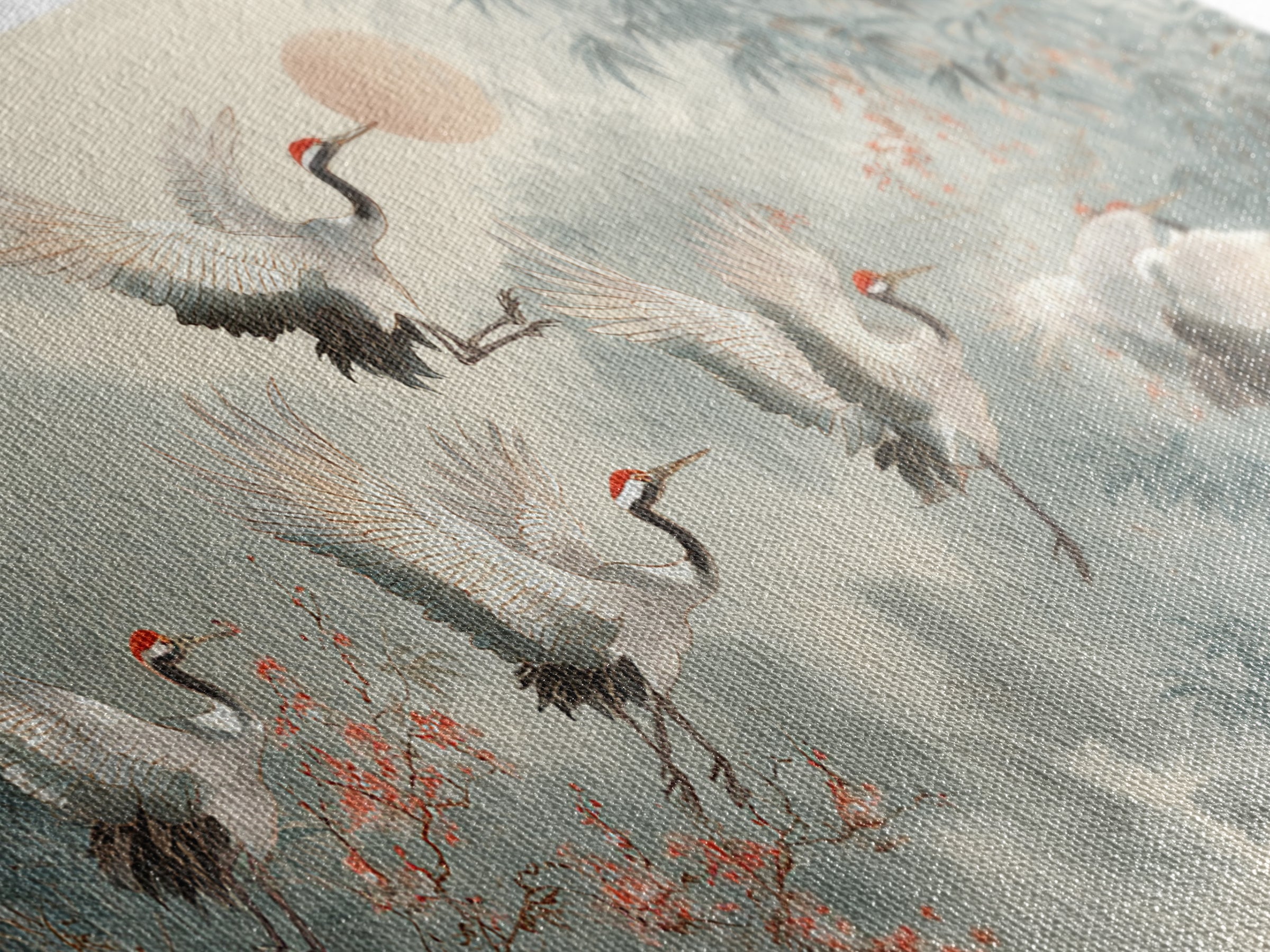 Ethereal Cranes Flying Through Pale Morning Mist Canvas Print, Above Bed Art, Bedroom Decor, Oil Painting, Serenity, ABA-2x1-53