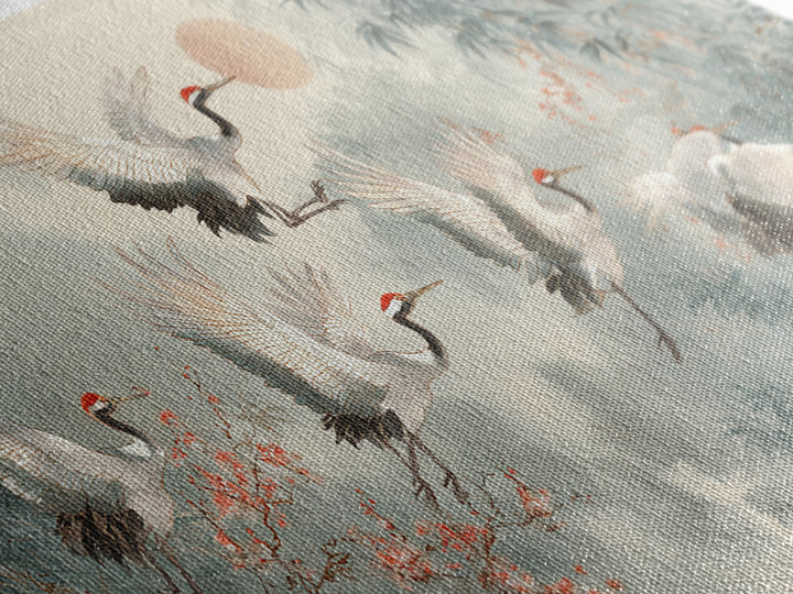 Ethereal Cranes Flying Through Pale Morning Mist Canvas Print, Above Bed Art, Bedroom Decor, Oil Painting, Serenity, ABA-2x1-53