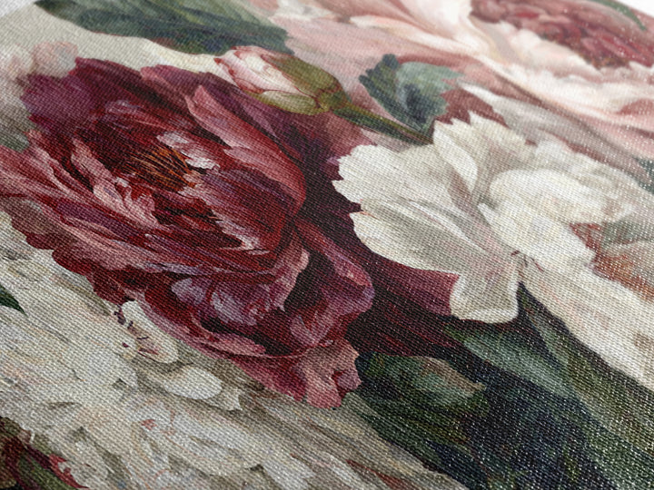 Romantic Oversized Peony Bloom on Warm Linen Canvas Print, Above Bed Art, Digital Art, Bedroom Decor, Fine Art, Serenity, ABA-2x1-70
