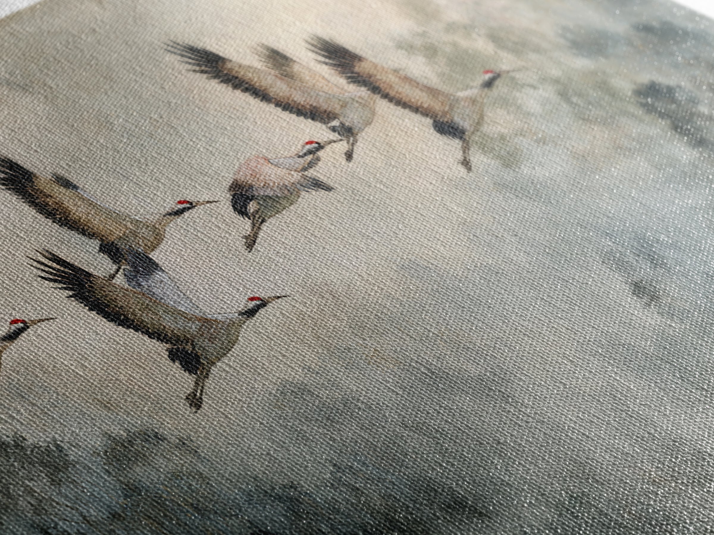 Ethereal Cranes Flying Through Pale Morning Mist Canvas Print, Above Bed Art, Bedroom Decor, Oil Painting, Serenity, ABA-2x1-77