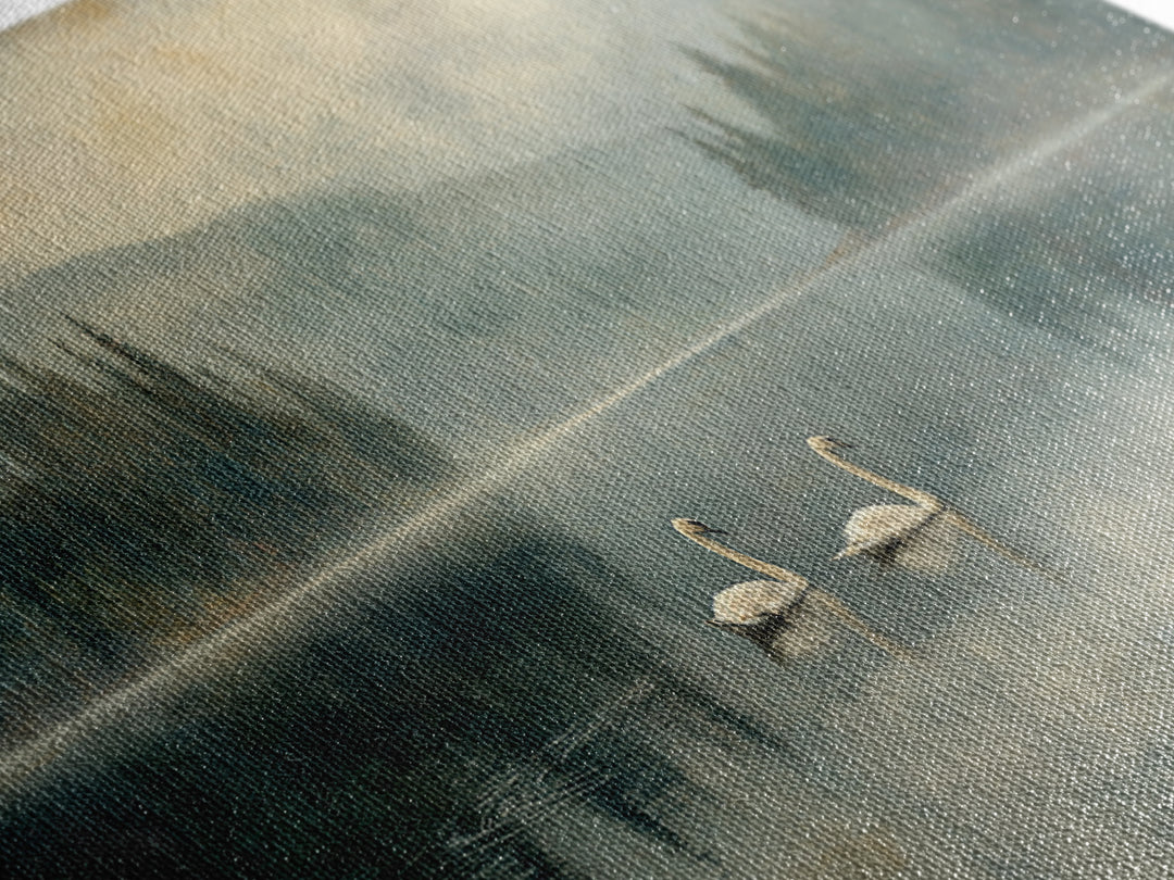 Paired Swans in a Dreamy Painterly Lake Framed Canvas Print, Above Bed Art, Digital Prints, Bedroom Decor, Fine Art, Serenity, ABA-2x1-90
