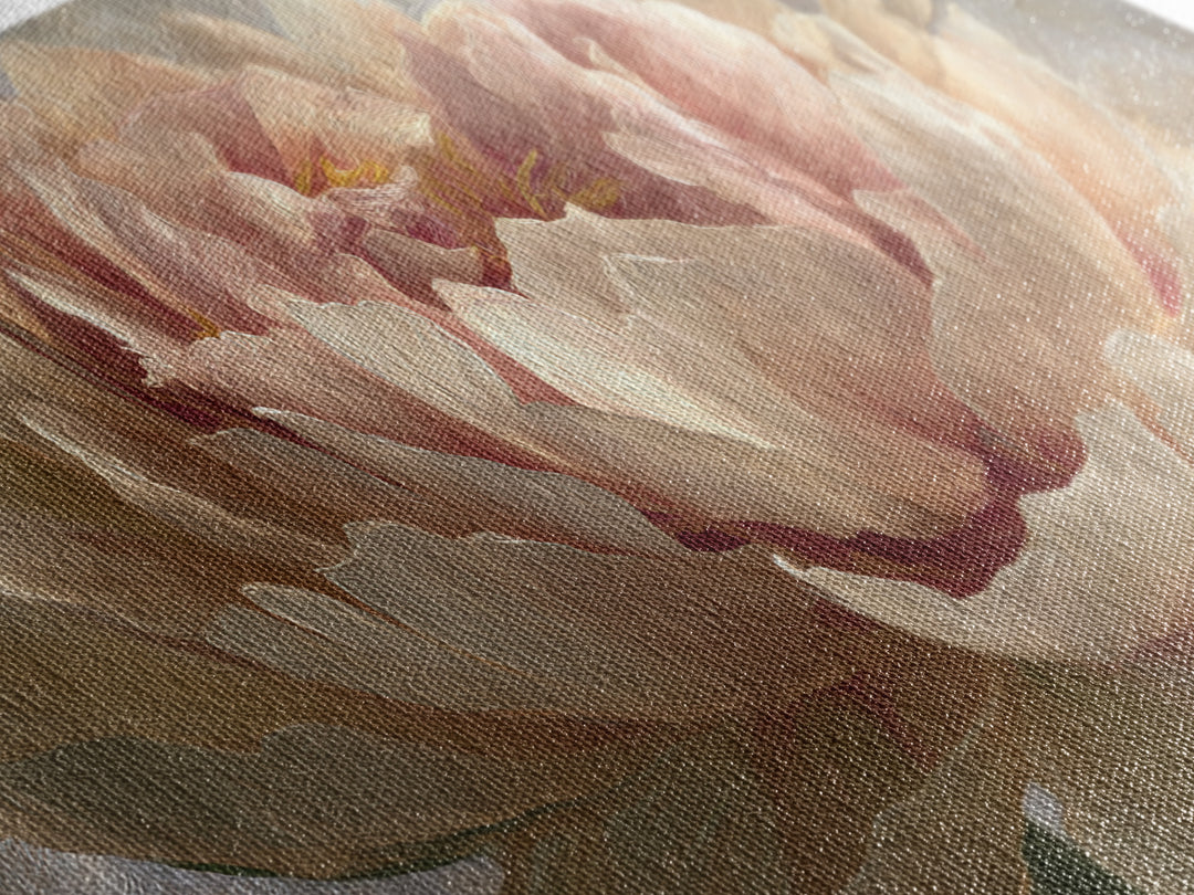 Romantic Oversized Peony Bloom on Warm Linen Canvas Print, Above Bed Art, Digital Art, Bedroom Decor, Fine Art, Serenity, ABA-2x1-94