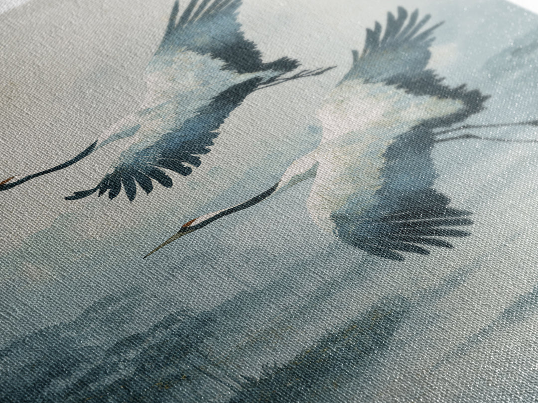 Ethereal Cranes Flying Through Pale Morning Mist Canvas Print, Above Bed Art, Printable Wall Art, Bedroom Decor, Serenity, ABA-2x3-17