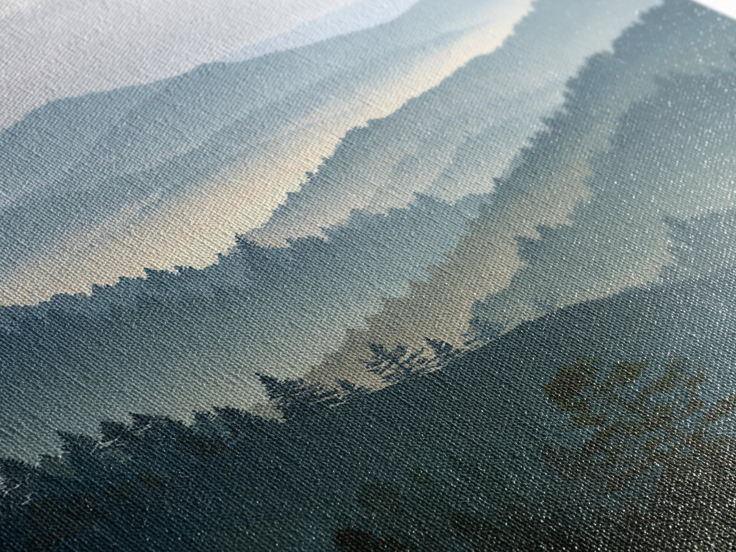Quiet Forest Ridge Softened by Fog Framed Canvas Print, Above Bed Art, Textured Painting, Bedroom Decor, Fine Art, Serenity, ABA-2x3-22