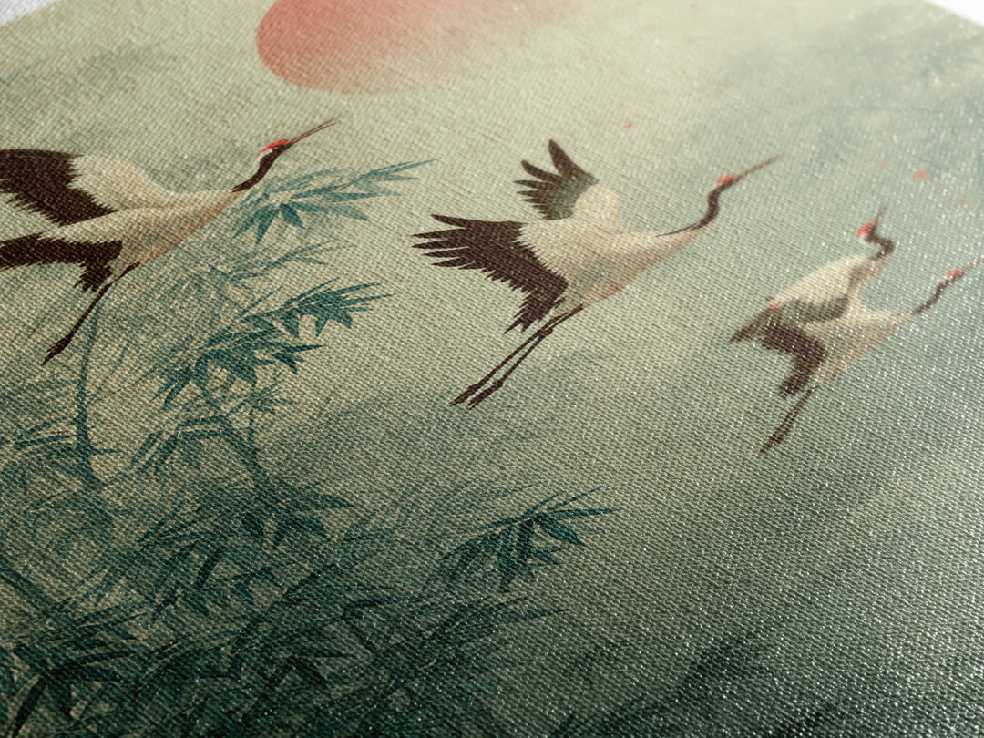 Ethereal Cranes Flying Through Pale Morning Mist Canvas Print, Above Bed Art, Printable Wall Art, Bedroom Decor, Serenity, ABA-2x3-41
