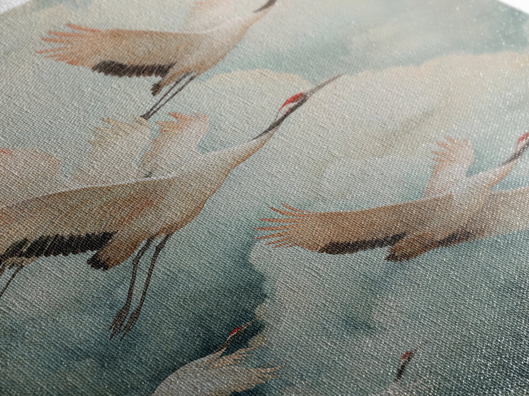 Ethereal Cranes Flying Through Pale Morning Mist Canvas Print, Above Bed Art, Canvas Wall Art, Bedroom Decor, Serenity, ABA-2x3-65
