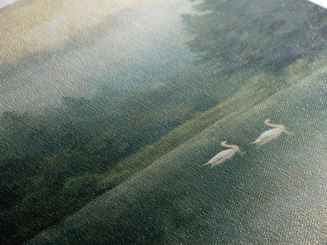 Paired Swans in a Dreamy Painterly Lake Framed Canvas Print, Above Bed Art, Printable Wall Art, Bedroom Decor, Serenity, ABA-2x3-78