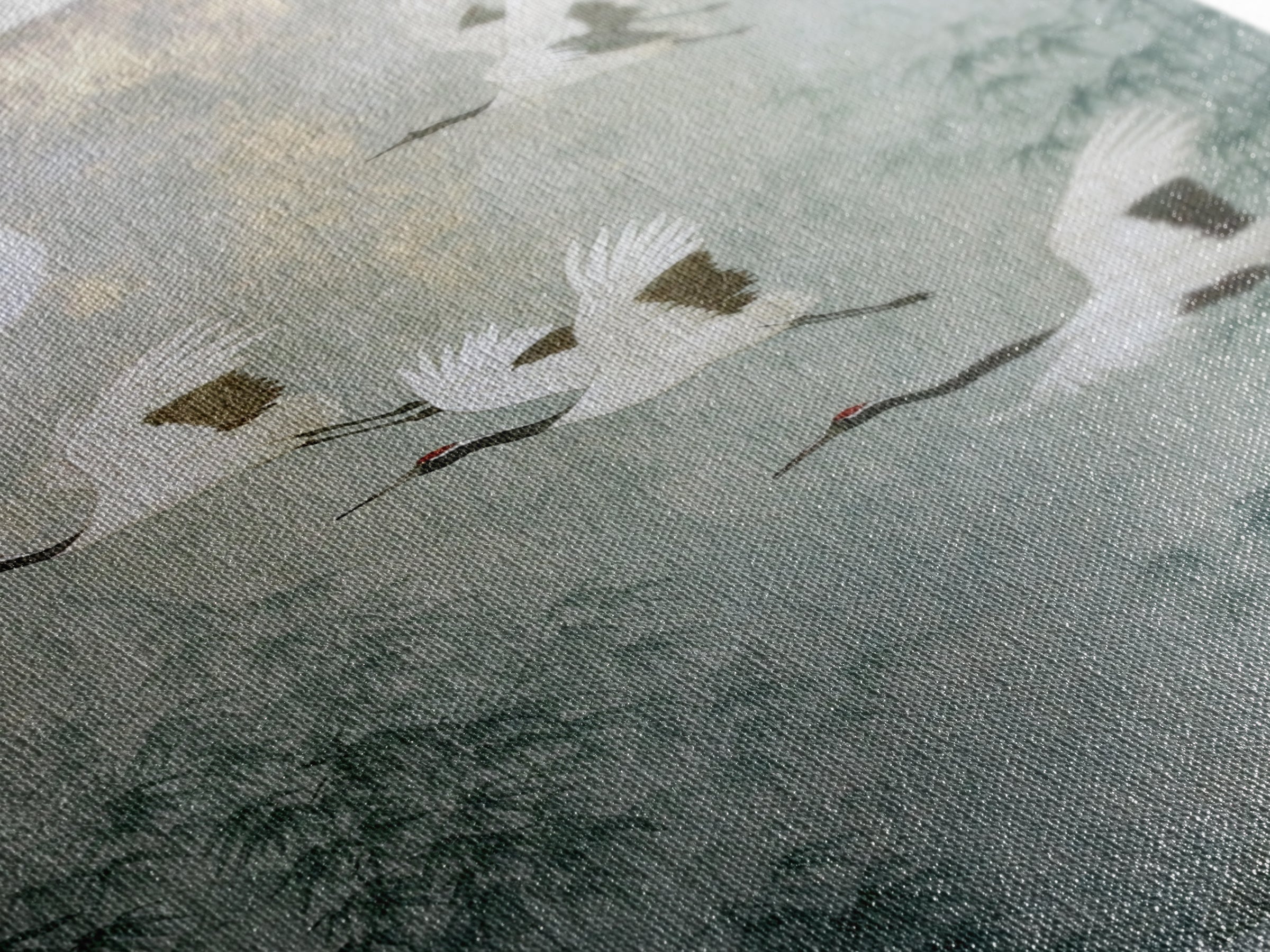 Ethereal Cranes Flying Through Pale Morning Mist Canvas Print, Above Bed Art, Living Room Decor, Bedroom Decor, Serenity, ABA-2x3-89