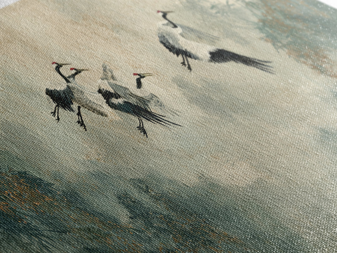 Ethereal Cranes Flying Through Pale Morning Mist Framed Canvas Print, Above Bed Art, Apartment Decor, Bedroom Decor, Serenity, ABA-3x1-1