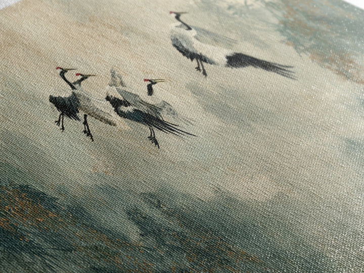 Ethereal Cranes Flying Through Pale Morning Mist Framed Canvas Print, Above Bed Art, Apartment Decor, Bedroom Decor, Serenity, ABA-3x1-1