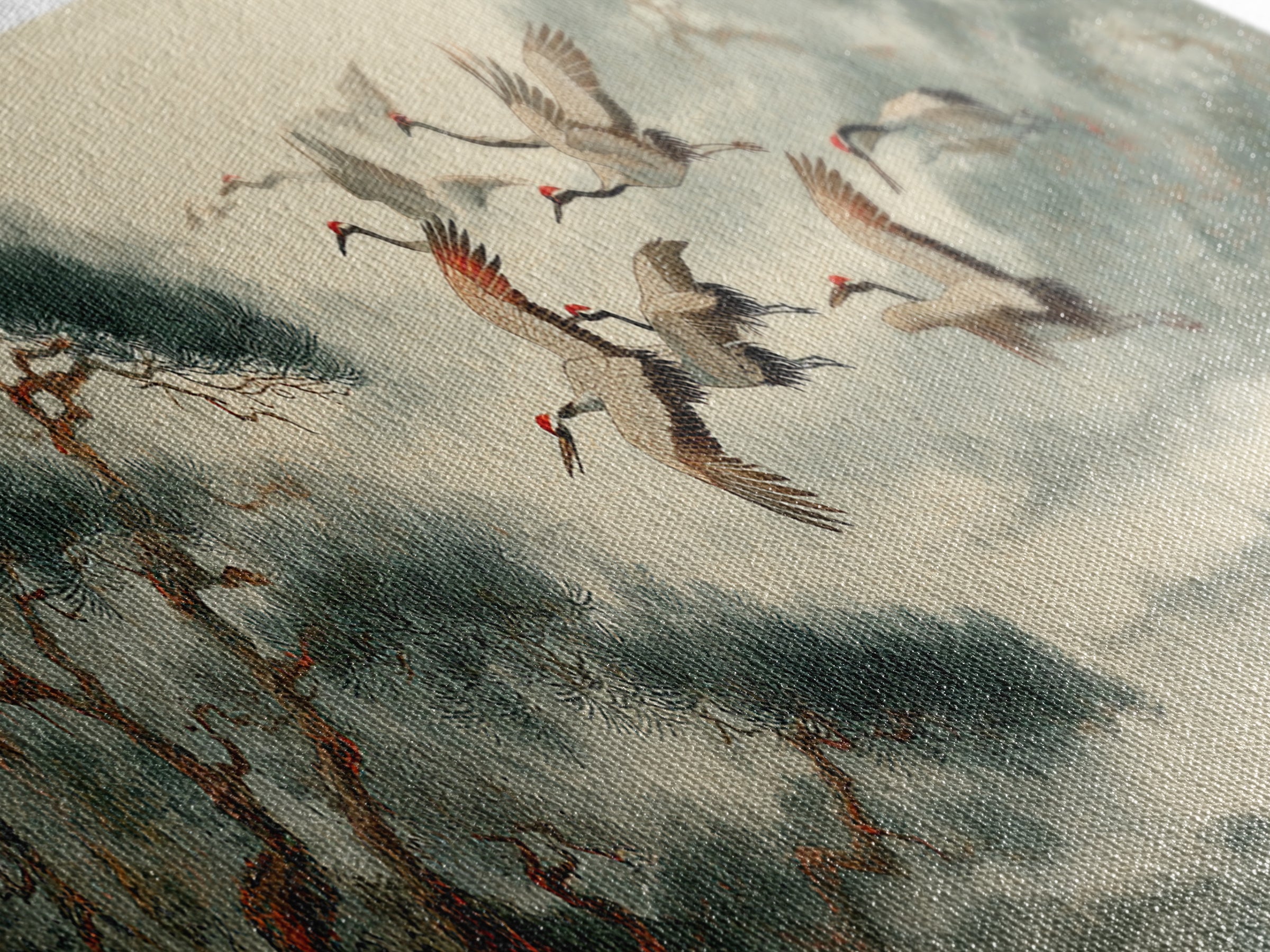 Ethereal Cranes Flying Through Pale Morning Mist Canvas Print, Above Bed Art, Dopamine Decor, Bedroom Decor, Abstract Art, ABA-3x1-25