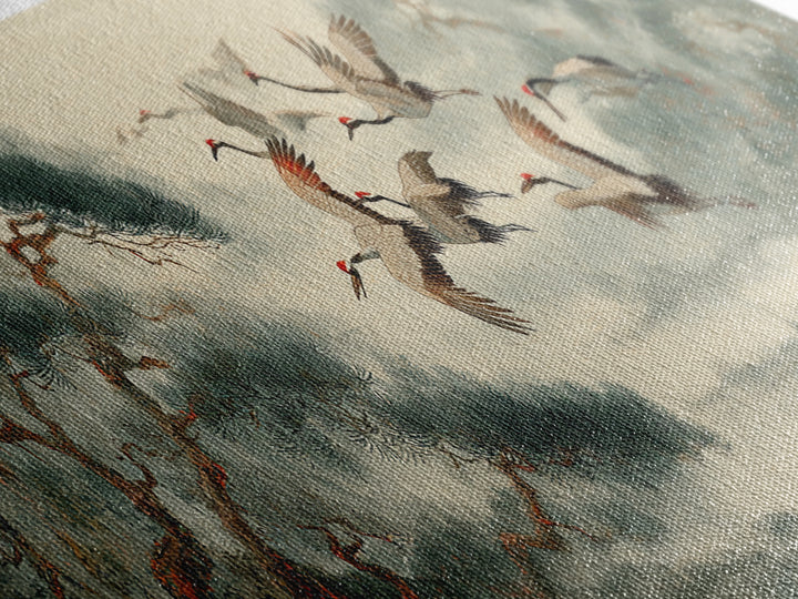 Ethereal Cranes Flying Through Pale Morning Mist Canvas Print, Above Bed Art, Dopamine Decor, Bedroom Decor, Abstract Art, ABA-3x1-25