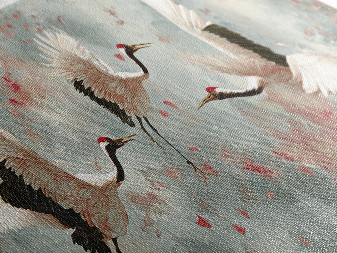 Ethereal Cranes Flying Through Pale Morning Mist Canvas Print, Above Bed Art, Dopamine Decor, Bedroom Decor, Abstract Art, ABA-3x1-49