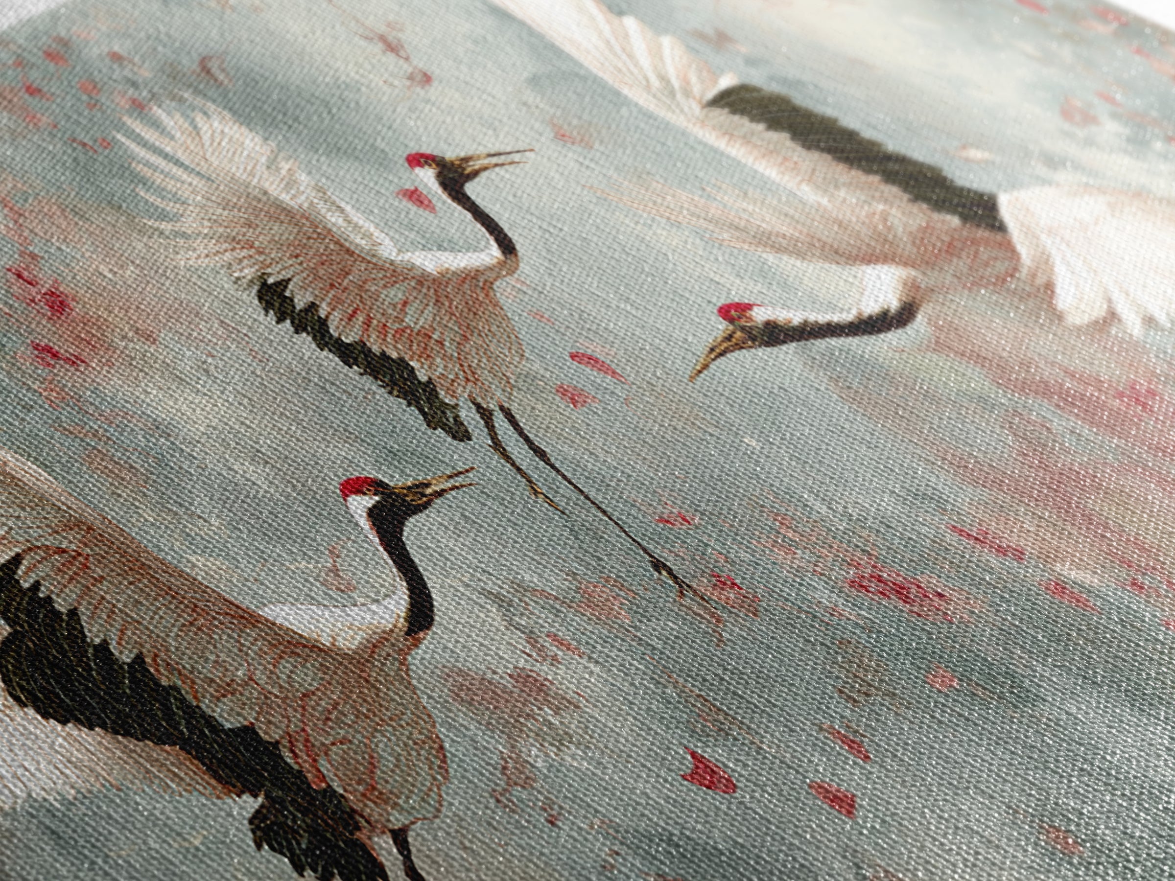 Ethereal Cranes Flying Through Pale Morning Mist Canvas Print, Above Bed Art, Dopamine Decor, Bedroom Decor, Abstract Art, ABA-3x1-49