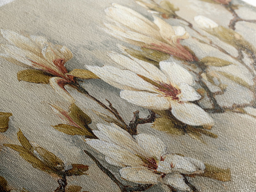 Delicate Magnolia Branch on Cream Background Canvas Print, Above Bed Art, Textured Painting, Bedroom Decor, Serenity, ABA-3x1-56