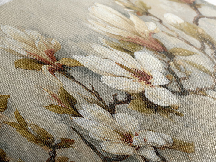 Delicate Magnolia Branch on Cream Background Canvas Print, Above Bed Art, Textured Painting, Bedroom Decor, Serenity, ABA-3x1-56