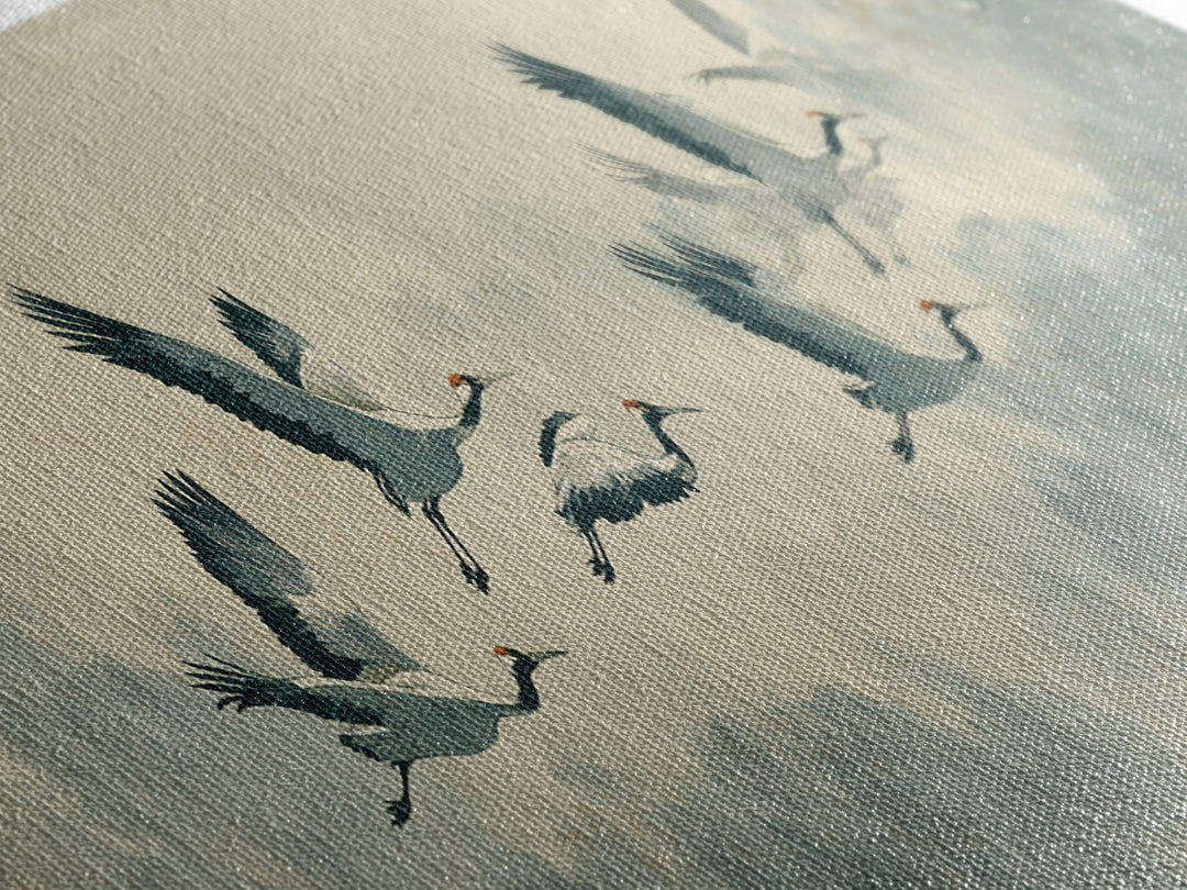Ethereal Cranes Flying Through Pale Morning Mist Canvas Print, Above Bed Art, Living Room Wall Art, Bedroom Decor, Serenity, ABA-3x1-73