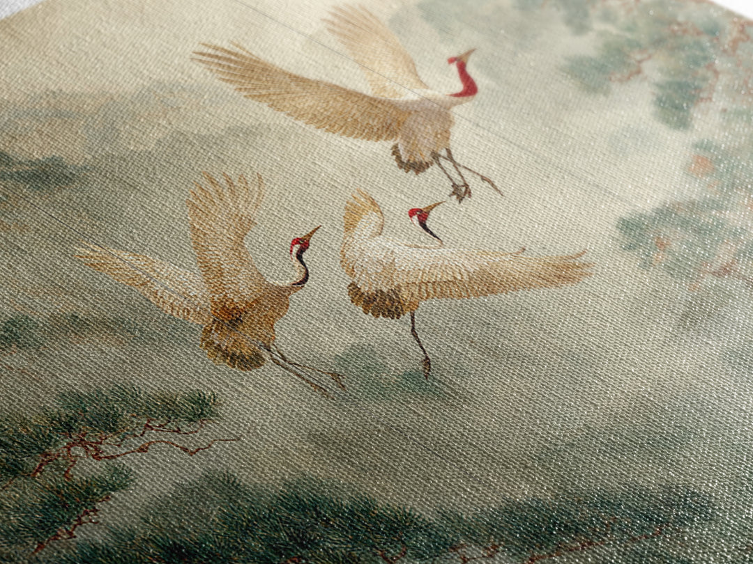 Ethereal Cranes Flying Through Pale Morning Mist Canvas Print, Above Bed Art, Living Room Decor, Bedroom Decor, Serenity, ABA-3x2-13